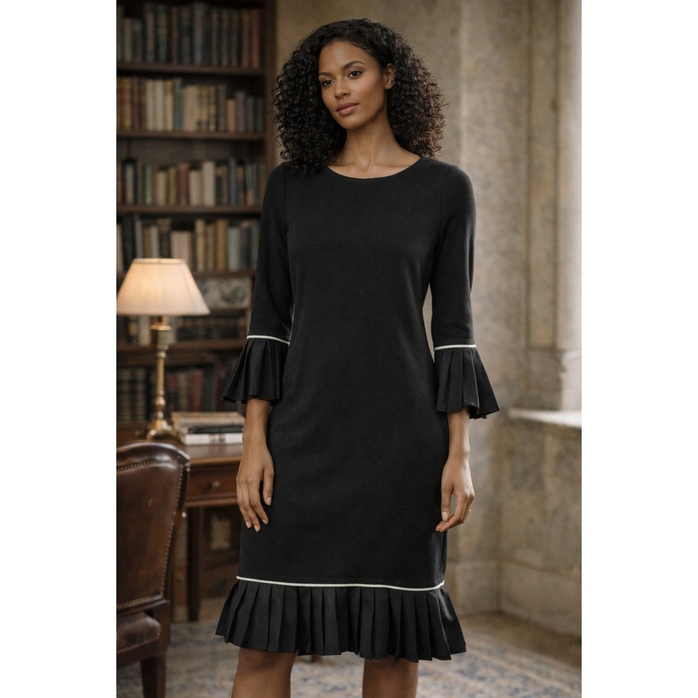 Ann Taylor‎ Womens Small Black Pleated Ruffle Hem Bell Sleeve Career Office Chic